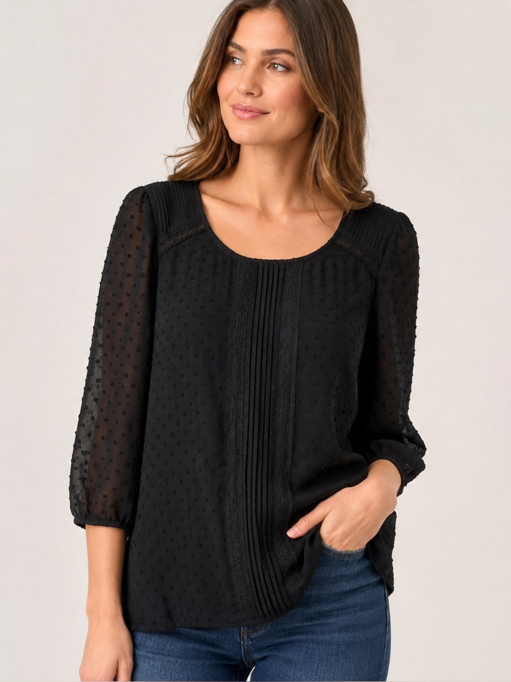 Lauren Conrad LC Black Swiss Dot Lace Pintuck Blouse Top XXL 3/4 Sleeve